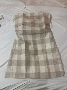 Strapless Linen Beige and White Check Midi Dress